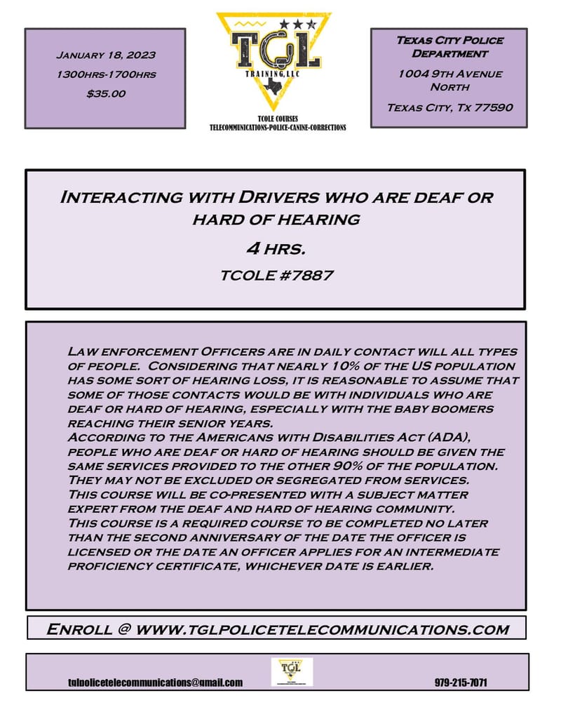 Cancelled 01 Interacting with Drivers who are deaf or hard of hearing - TCOLE 7887 (PM CLASS) Texas City