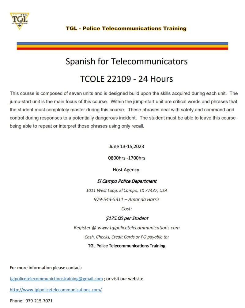 CANCELLED 06 Spanish for Telecommunicators - TCOLE 22109 - 24 Hours (ElCampo)