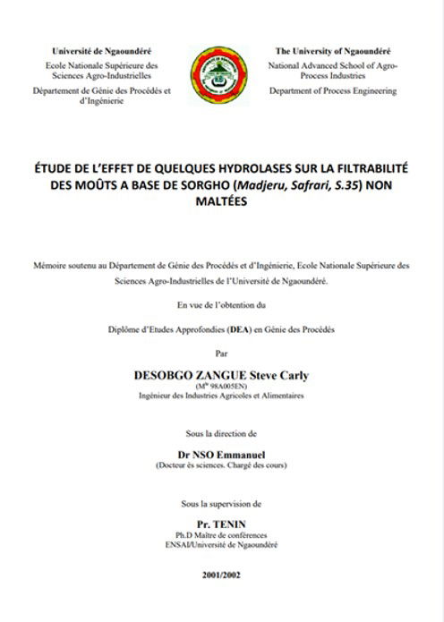 Étude de l'effet de quelques hydrolases sur la filtrabilité des moûts à base de sorgho (Madjeru, Safrari, S.35) non maltés (2002)