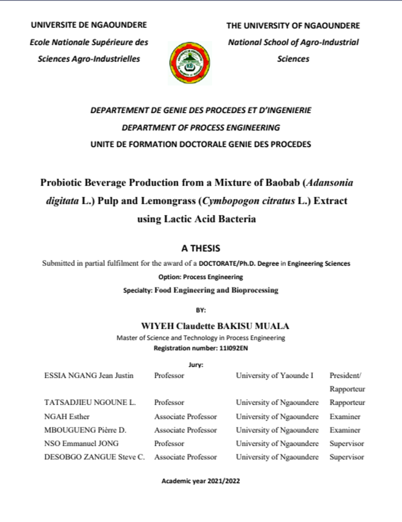 Probiotic Beverage Production from a Mixture of Baobab (Adansonia digitata L.) Pulp and Lemongrass (Cymbopogon citratus L.) Extract using Lactic Acid Bacteria (2022)