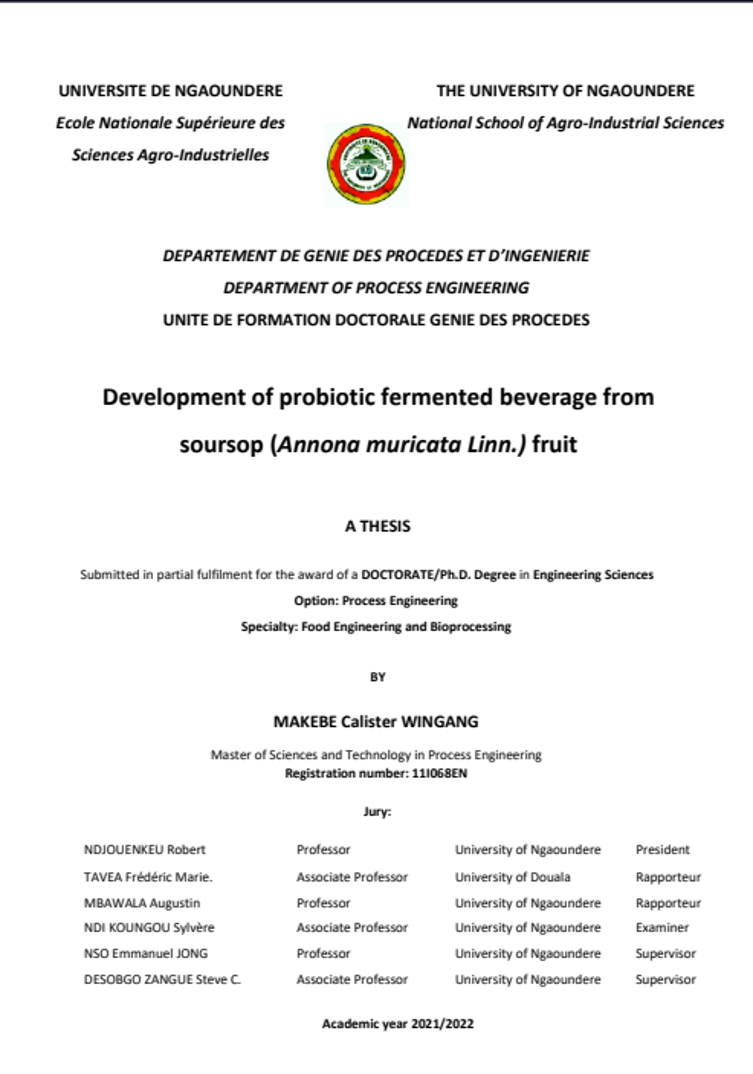 Development of probiotic fermented beverage from soursop (Annona muricata Linn.) fruit (2022)