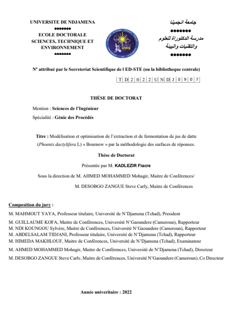 Modélisation et optimisation de l’extraction et de fermentation de jus de datte (Phoenix dactylifera L) « Bournow » par la méthodologie des surfaces de réponses. (2024)