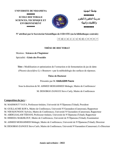 Modélisation et optimisation de l’extraction et de fermentation de jus de datte (Phoenix dactylifera L) « Bournow » par la méthodologie des surfaces de réponses. (2024)