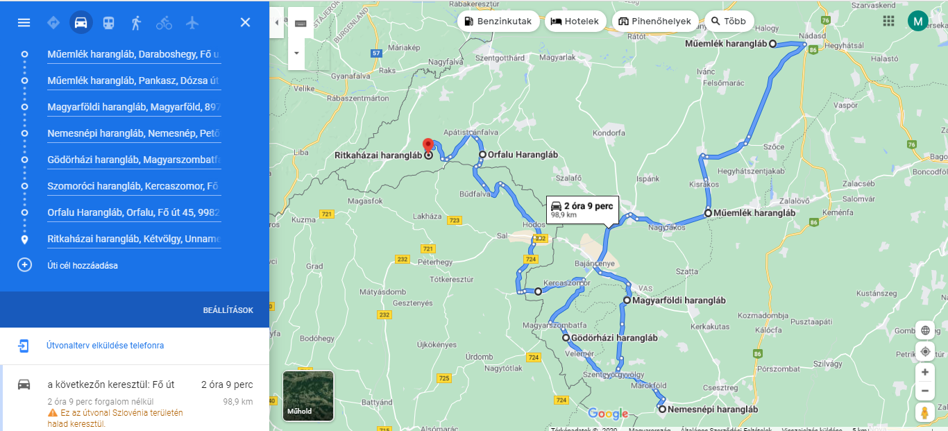 A haranglábak egyik lehetséges útvonala gépkocsival (98,9 km, 2 óra 9 perc)