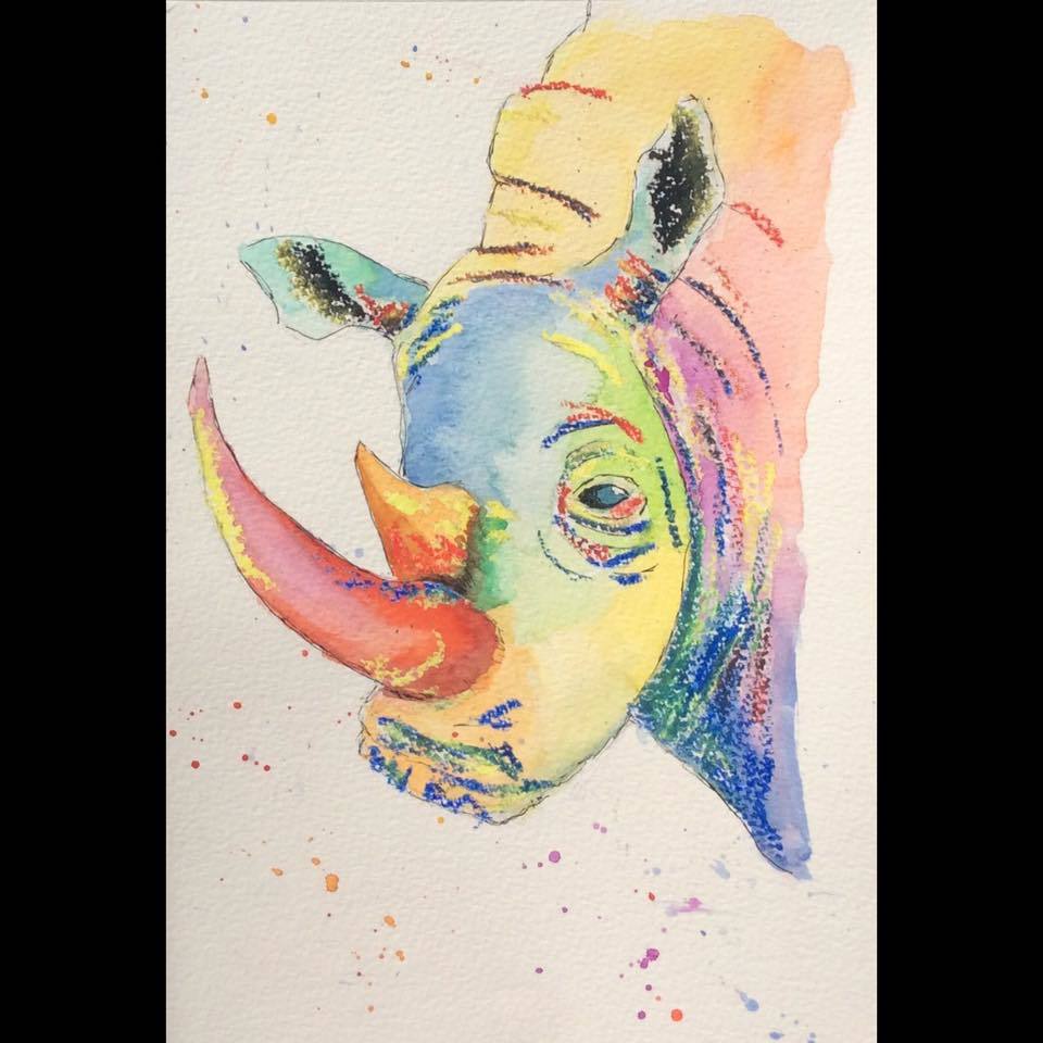 Untitled - Eleanor Kalher - Ray the Rainbow Rhino would like to wish you all a lovely Easter! Oil pastel, watercolour and ink 🦏🌈