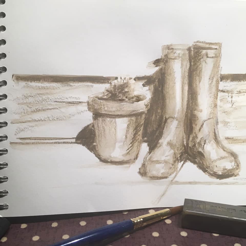 Quick sketch in water soluble graphite - wellies in the sun ☀️ - Claire Lucas