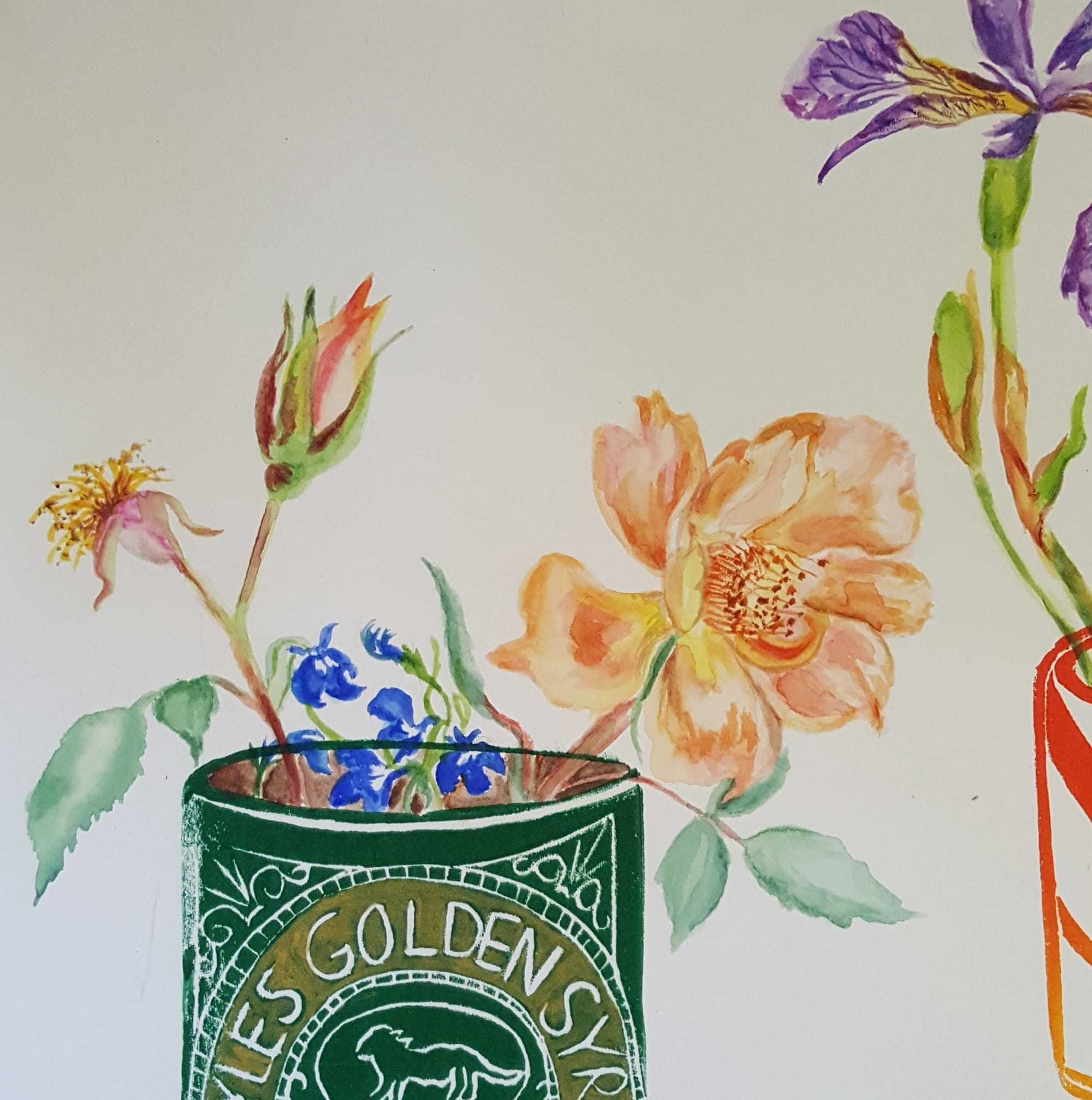 Sorry not been posting on here but still painting everyday! Here is linoprinted Lyles tin with watercolour Iris, Lobelia and Rose. Will post more soon.. - Annabel Hill