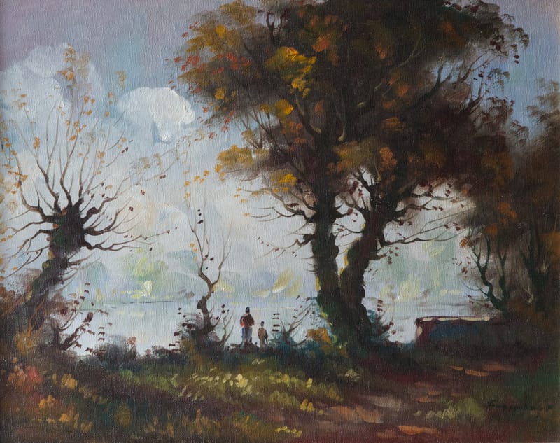 (89S) VATER UND SOHN AN BEWALDETER KÜSTE, UNBEKANNTER MALER