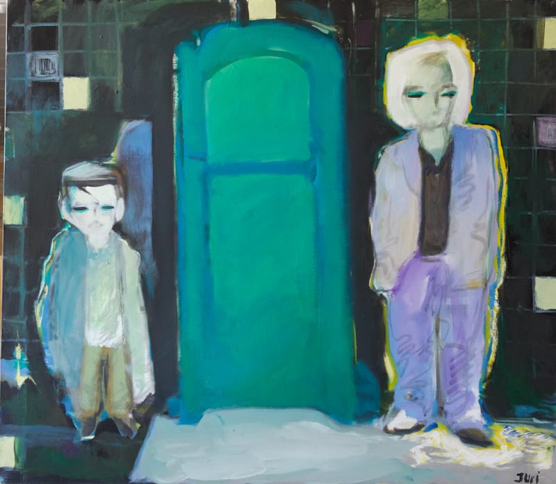 (108S)JURI BORODATCHEV, BRUDER UND SCHWESTER VOR GRÜNER TÜRE