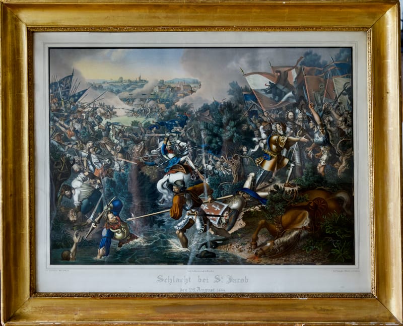 (119S) SCHLACHT BEI ST. JAKOB, LITHOGRAFIE, NACH CARTON VON HIERONYMUS HESS