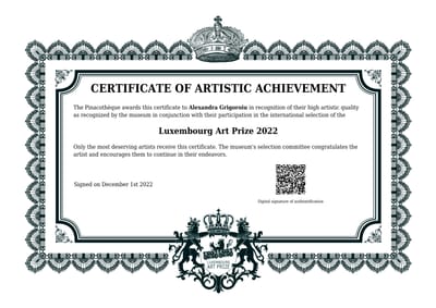 Certificate of artistic achievement - La Pinacothèque Musée, LUXEMBOURG