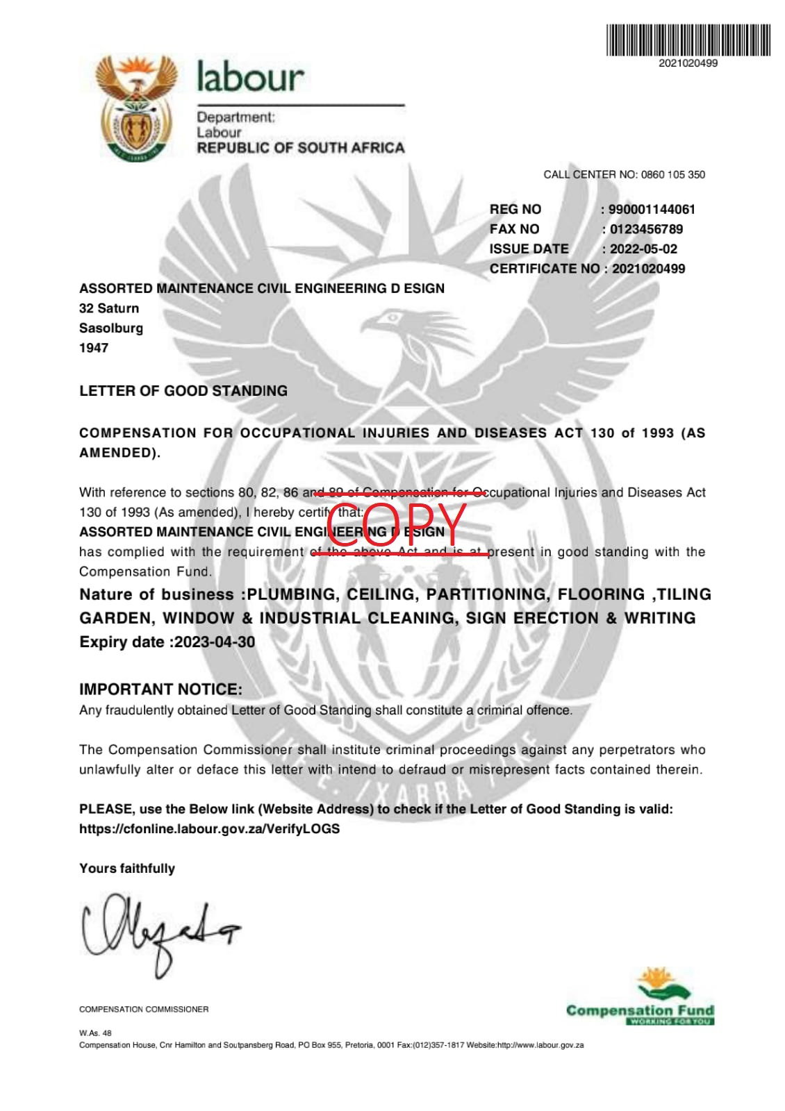 Letter of Good Standing 2022-2023