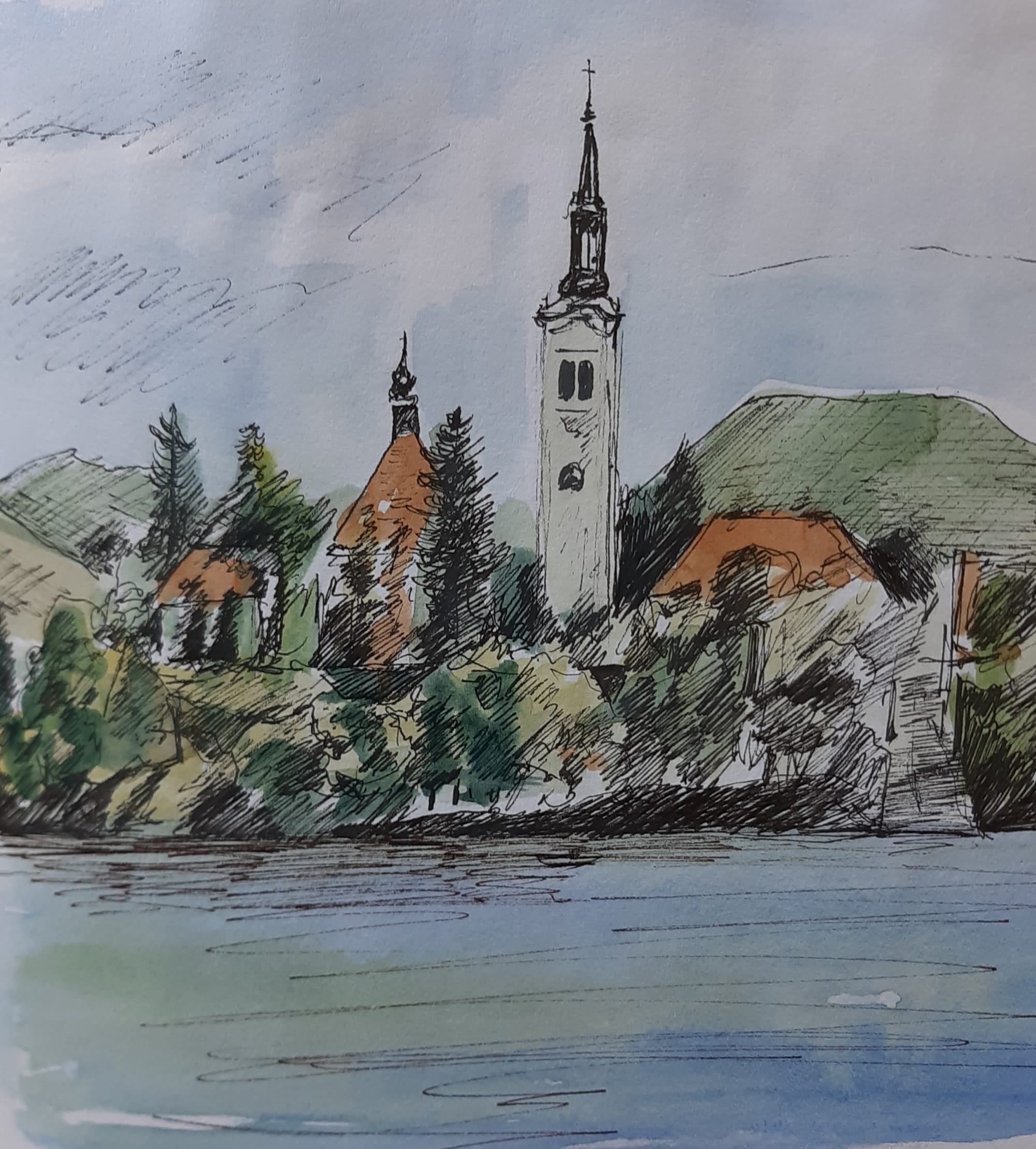 Lake Bled, Slovenia, pen and wash 25cm x 25cm 2014