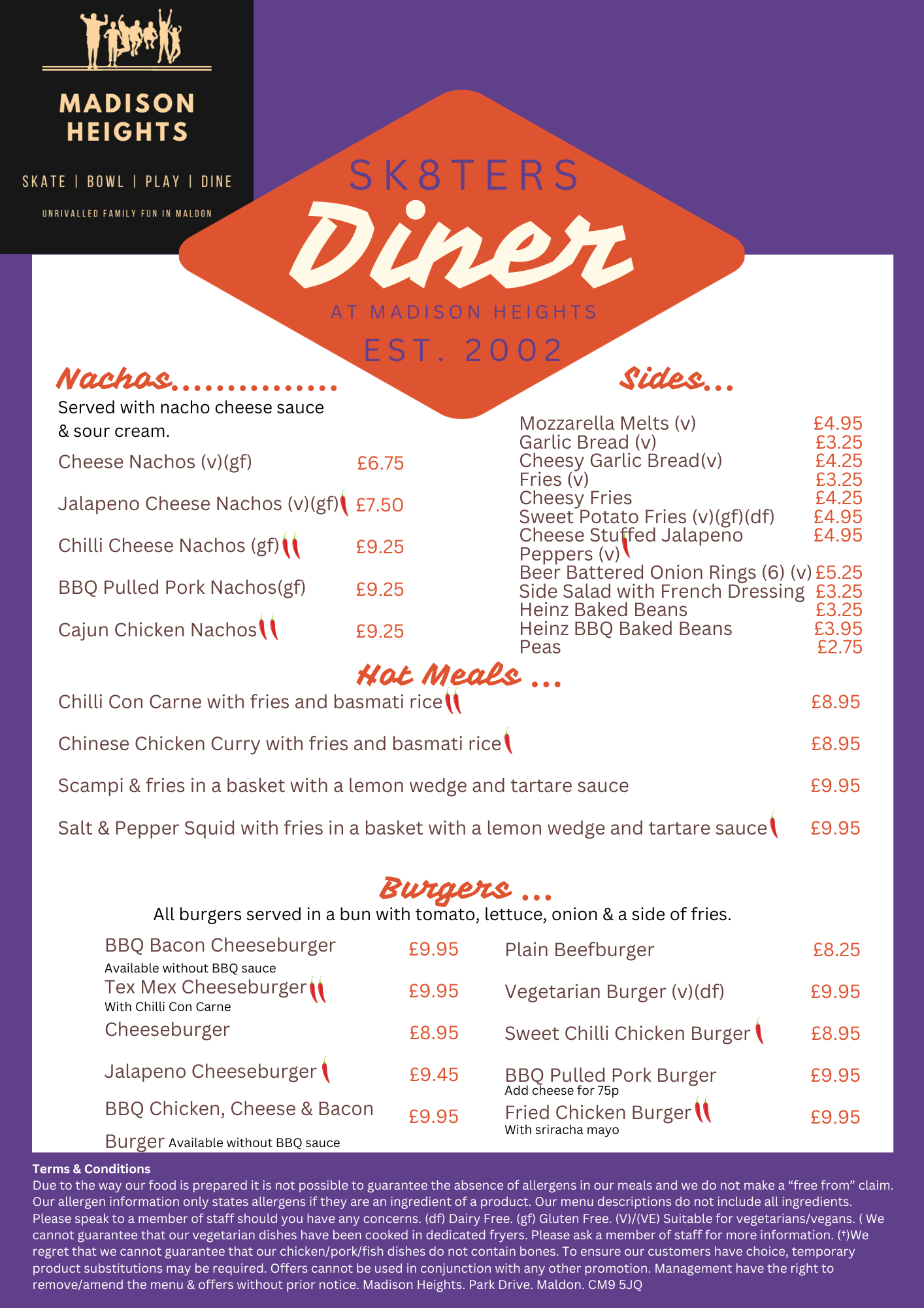 Sk8ter's Diner Menu