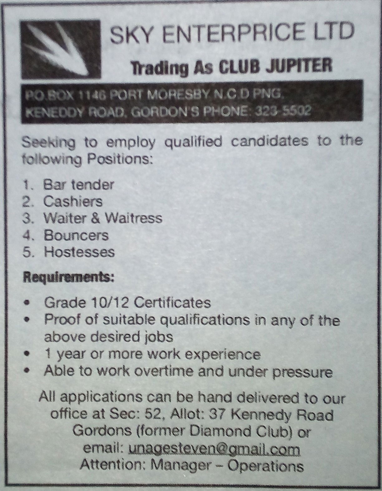 SKY ENTERPRISES LTD t/as Club Jupiter