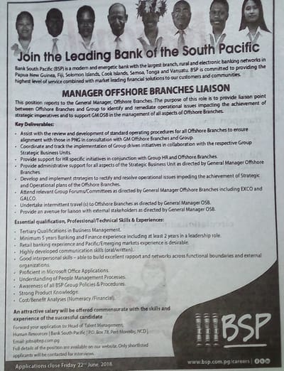 BSP (The No.1 Leading Bank in South Pacific) - MANAGER OFFSHORE BRANCHES LIAISON
