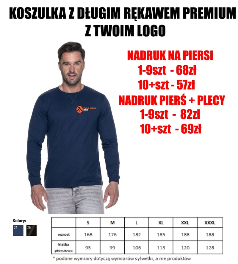 KOSZULKA Z DŁUGIM RĘKAWEM PREMIUM Z TWOIM LOGO od 57zł