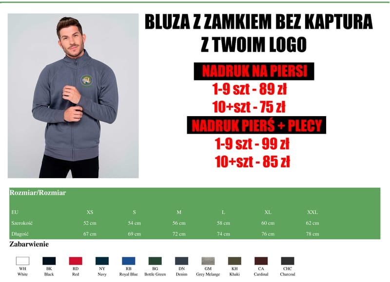 BLUZA BEZ KAPTURA NA ZAMEK Z TWOIM LOGO od 75zł