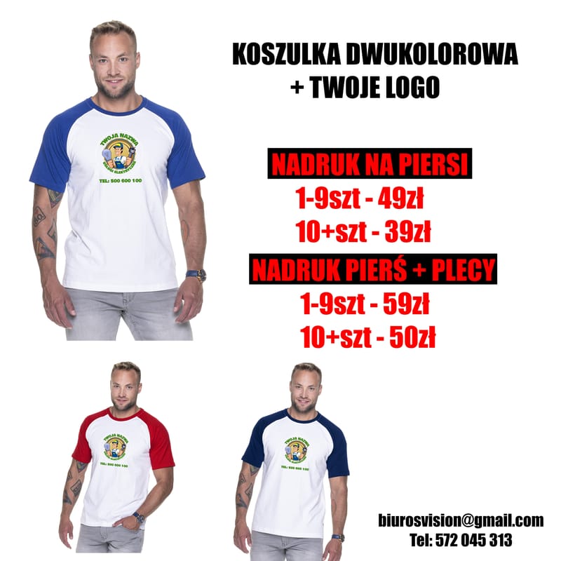 KOSZULKA DWUKOLOROWA Z TWOIM LOGO / GRAFIKĄ od 39zł