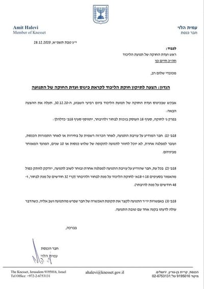 הצעה לתיקון חוקת הליכוד לקראת כינוס ועדת החוקה של התנועה