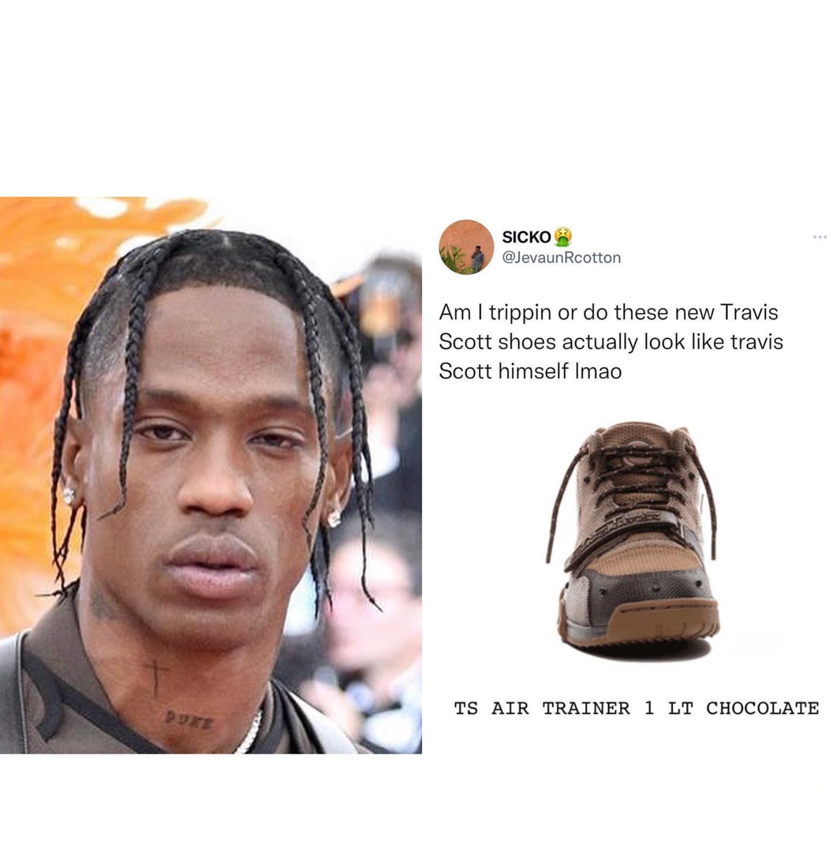 網民笑指 TRAVIS SCOTT x NIKE AIR TRAINER 1 與 TRAVIS 本人極為相似