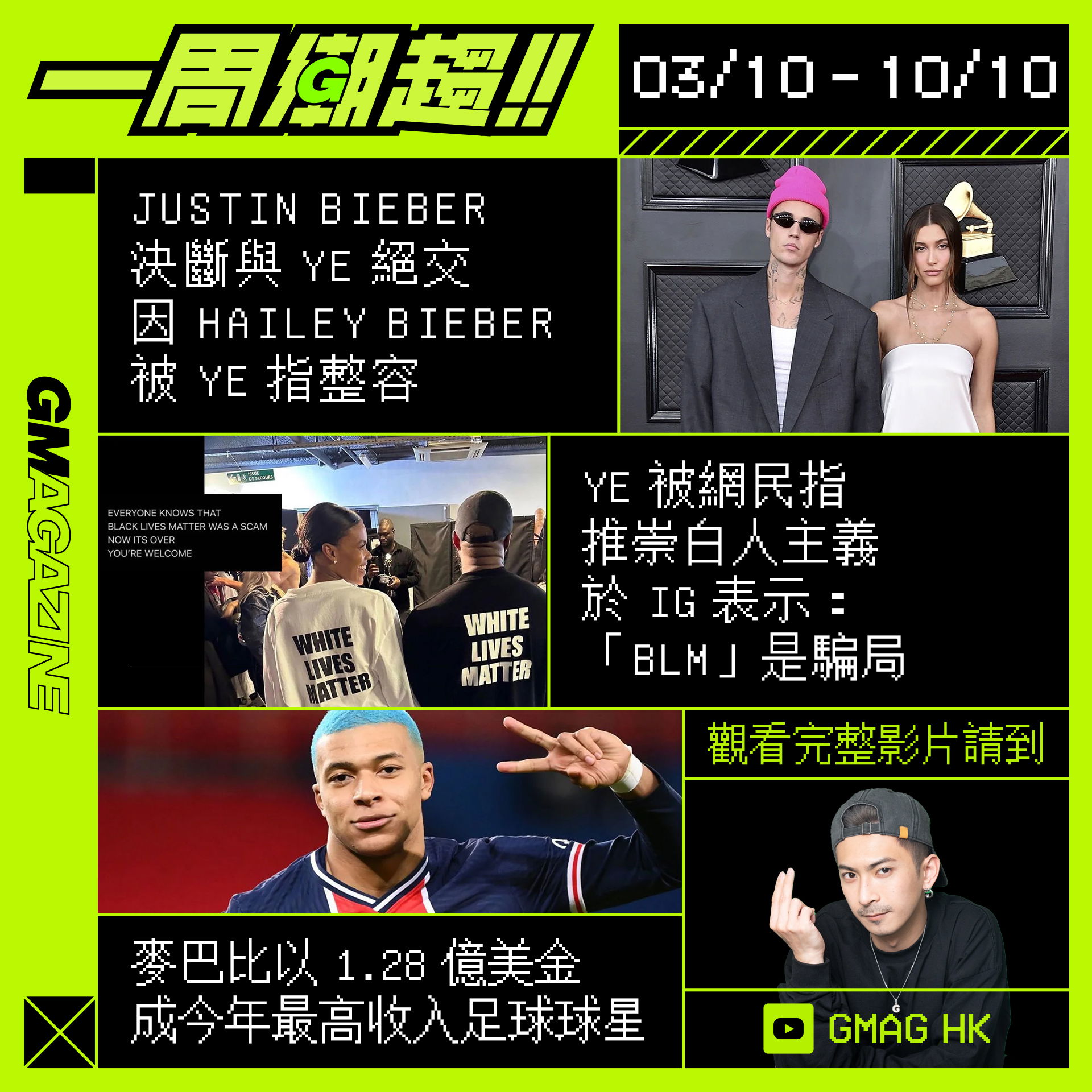 《一周潮趨》03/10 - 10/10JUSTIN BIEBER : 決斷與 YE 絕交，因為妻子 HAILEY BIEBER 被 YE 指整容？YE 被網民指推崇白人主義，於 IG 表示 : BLM 是騙局！！麥巴比以 1.28 億美金成為 2022 年最高收入足球球星？