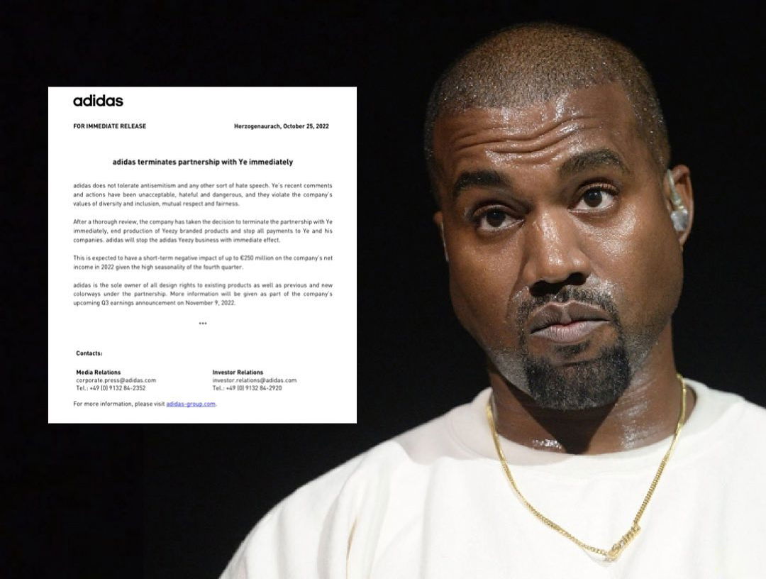 ADIDAS 發聲明終止與 YE（KANYE WEST）合作關係 即時停止生產聯名系列，所有聯名設計版權歸 ADIDAS