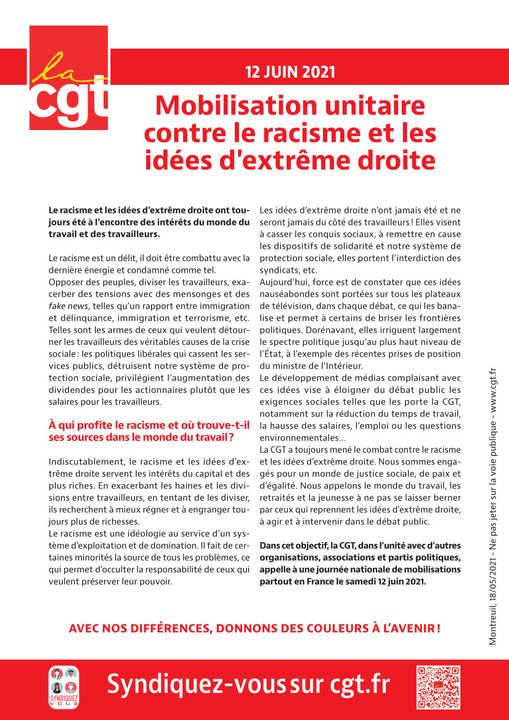 Mobilisation unitaire contre le racisme et les idées d'extrême droite
