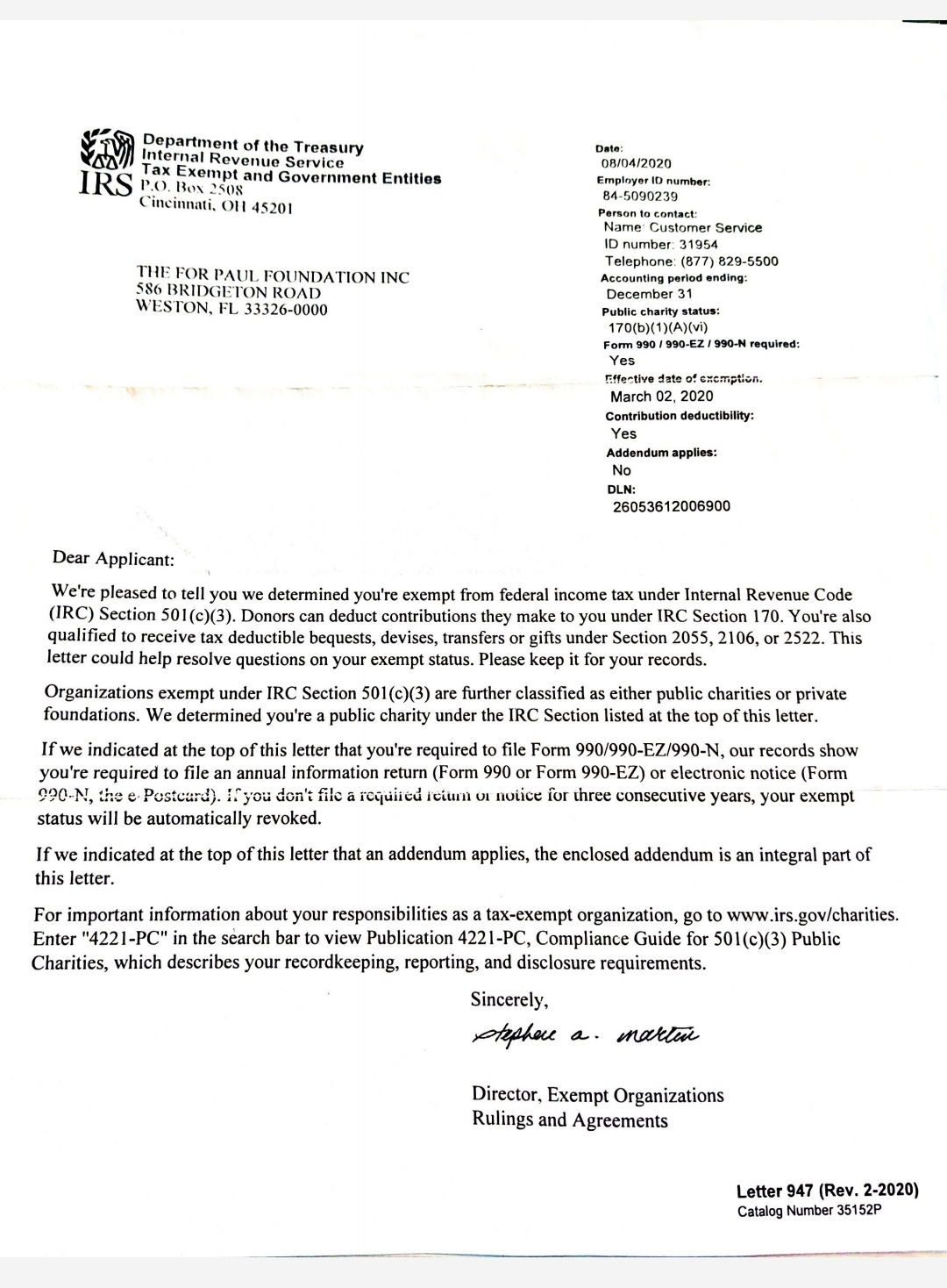 Letter of Determination