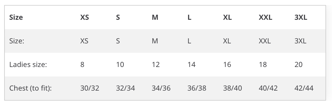 Batwing Tee Sizes