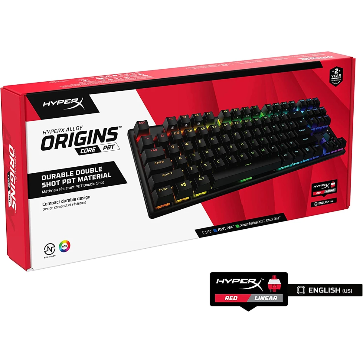 HyperX Alloy Origins Core PBT Mechanical PBT Keycaps RGB  Body Aluminum HyperX Linear Red SwitchQuality, durable PBT keycapsHyperX Mechanical SwitchesAircraft-grade aluminum bodyCompact designRadiant RGB lighting effectsCustomization3 Adjustable keyboard 