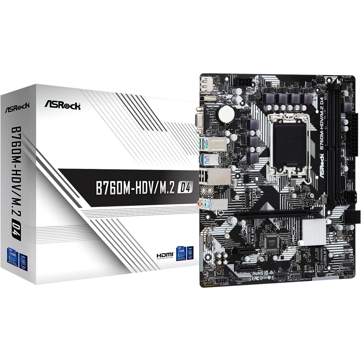 ASRock B760M-HDV/M.2 D4, Intel 13th 12th Series,/DDR4/PCIe 4.0/2xM.2 - mATX Gaming MotherBoard