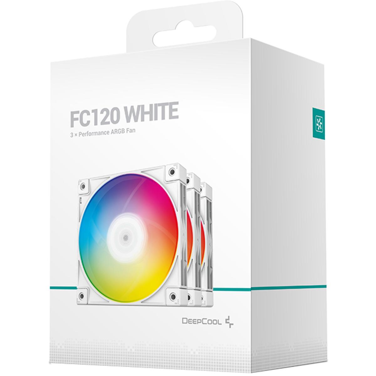 DeepCool FC120 White 3x120mm 1800RPM Daisy Chain RGB 5v-3pin PWM Cooling Fans QuietDeepCool FC120 WH 3in1 Daisy Chain Case Fan FDB 120mm 1800RPM 61.91CFMFC120 WH 3in1 FansSynchronize the RGB lightFC120 WH 3in1 1800RPM Fan SpeedFC120 Series Daisy Chain Des