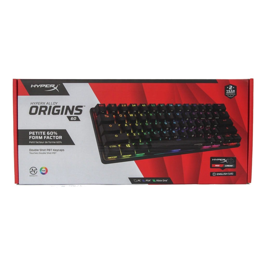 HyperX Alloy Origins 60 Mechanical Gaming Keyboard Ultra Compact 60% Form Factor Double Shot PBT KeycapsPetite 60% form factorAircraft-grade aluminum bodyHyperX Mechanical switchesAdjustable keyboard anglesDouble shot PBT keycapsRGB backlit keys with effe