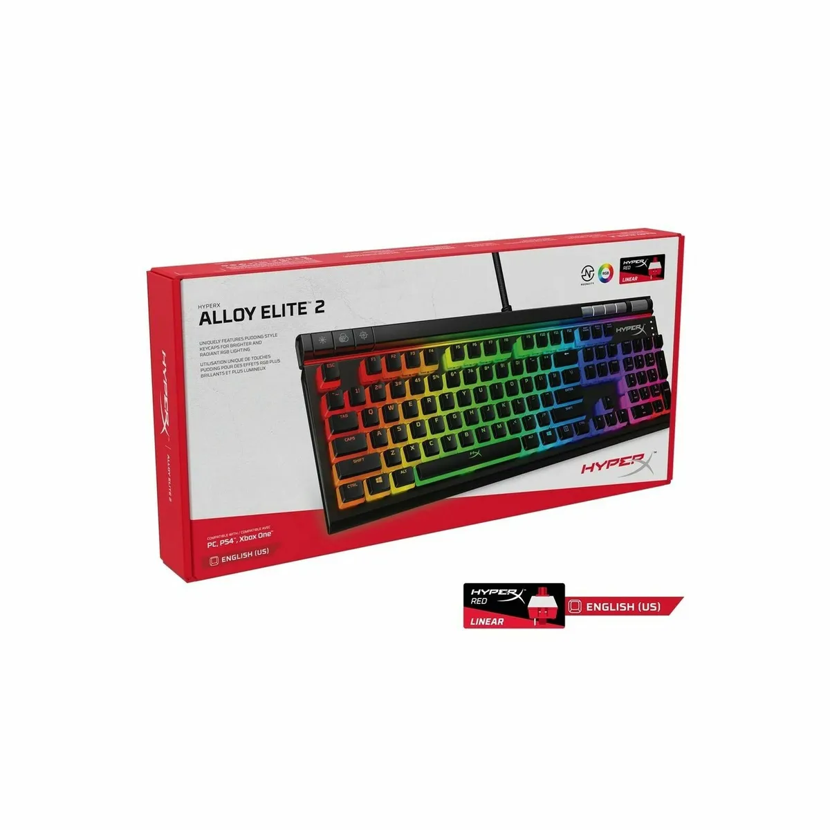 HyperX Alloy Elite 2 RGB Mechanical Gaming Keyboard Software-Controlled Light & Macro CustomizationHyperX Pudding KeycapsHyperX Mechanical switchesSignature light barDedicated media keysSolid steel frameHyperX NGENUITYUSB 2.0 pass-throughMulti-platform co