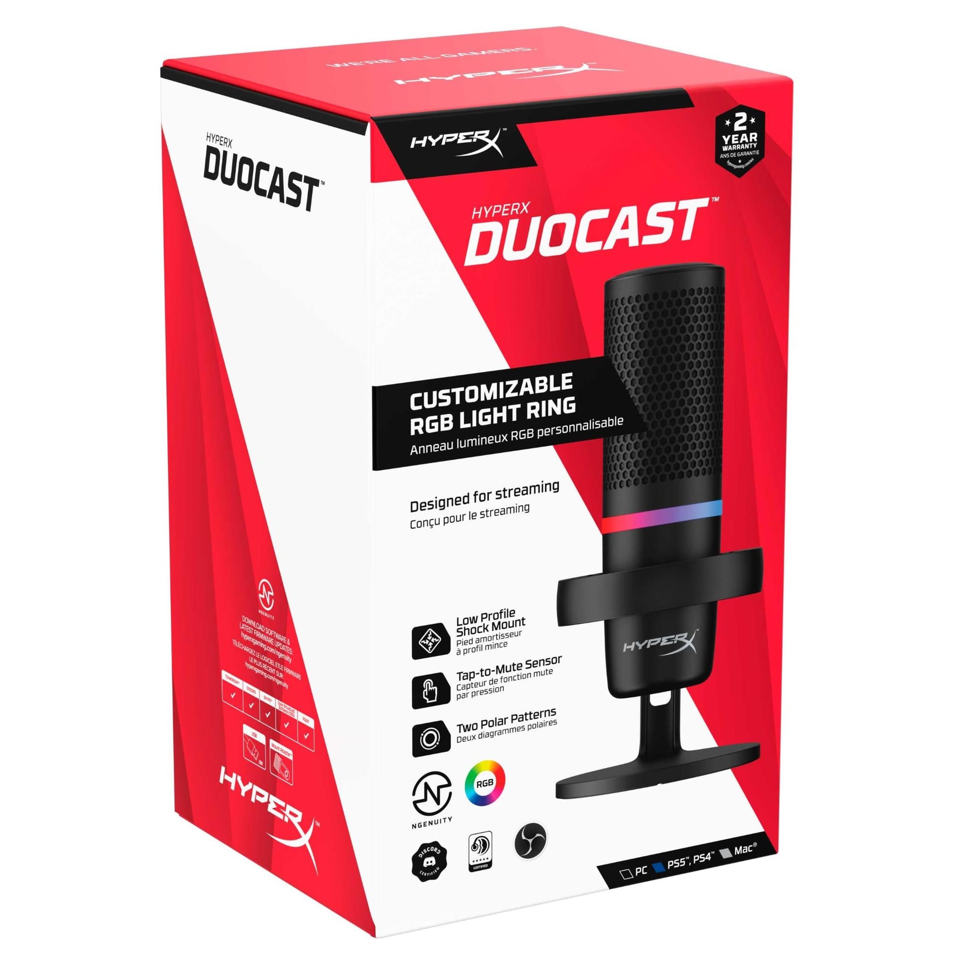 HyperX DuoCast – RGB USB Condenser Microphone for PC, PS5, PS4, Mac, Low-profile Shock MountCustomizable RGB light ringHi-Res 24-bit/96kHz recordingLow-profile shock mountTap-to-Mute & gain controlTwo polar patternsCustomizable via softwareJack, mount, & 