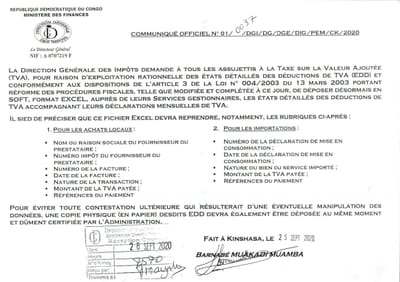 COMMUNIQUE OFFICIEL DE LA DGI SUR LES ETATS DÉTAILLÉS DE DEDUCTION TVA