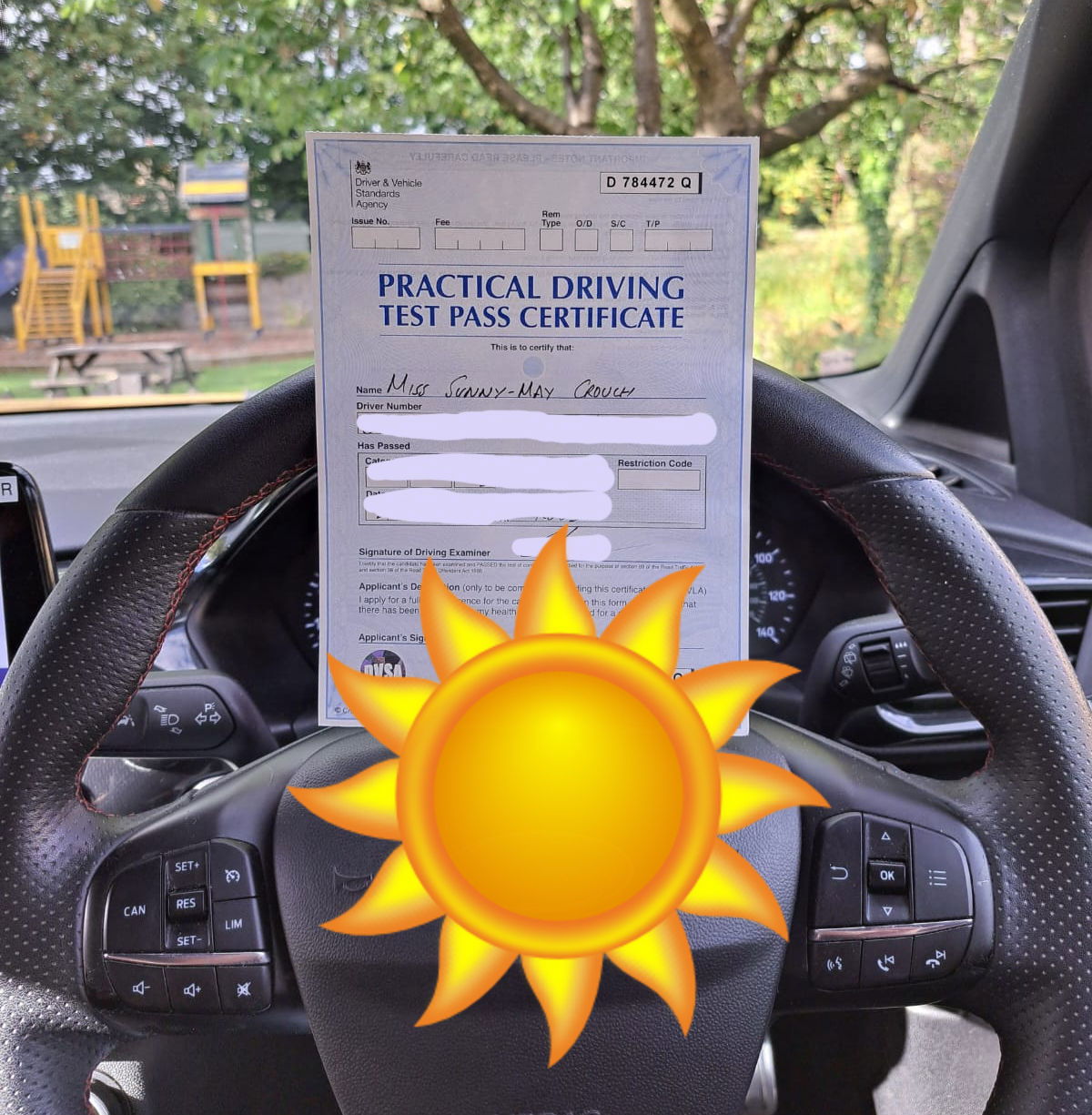 Congratulations to Sunny-May on passing her driving test