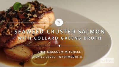 Seaweed- Crusted Salmon with Collard Greens Broth