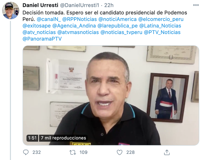 Daniel Urresti se alista para los comicios internos de Podemos Perú