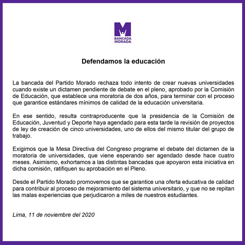 Partido Morado en contra de los intentos de crear nuevas universidades