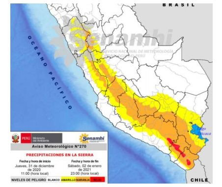 SENAMHI ADVIERTE LLUVIAS DE NIVEL 4 y 5 EN LA SIERRA DEL PERÚ