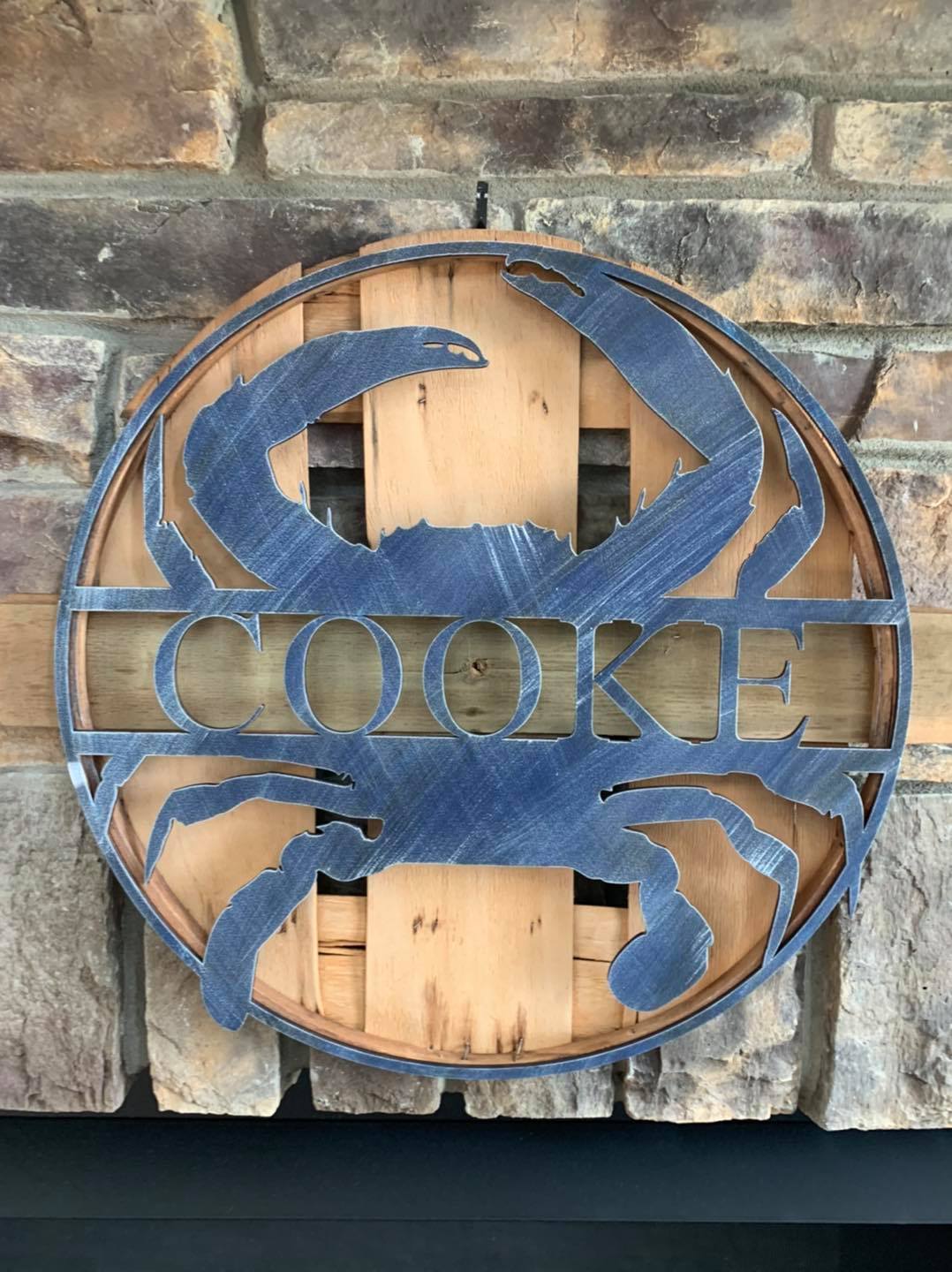 Recycled bushel lid w/ overlay split crab monogram design