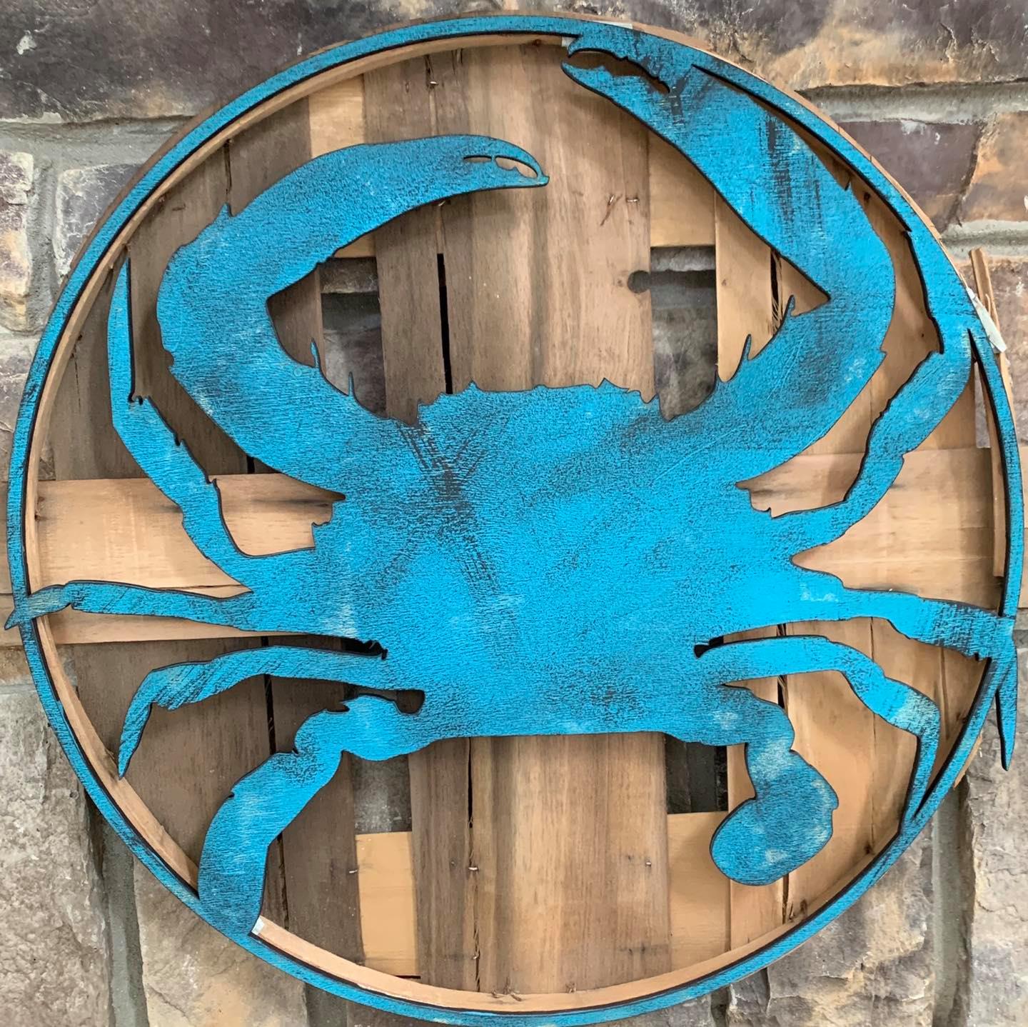 Recycled bushel lid with whole crab overlay design