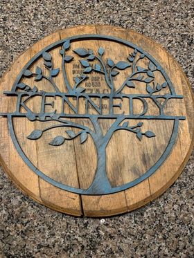 Whiskey Barrel w/ 3D Split monogram Tree Overlay Design