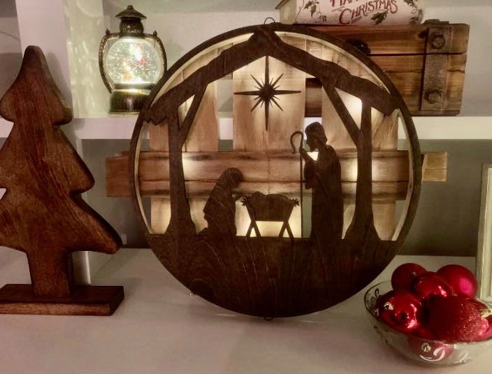 Recycled bushel lid with Nativity Scene & lights