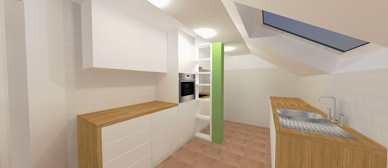 Randari la cerere pentru o bucatarie intr-o mansarda, variante pentru aplicarea faiantei decor.