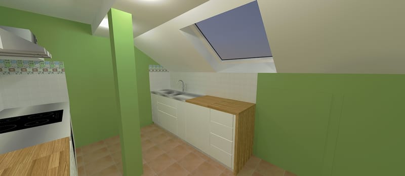 Randari la cerere pentru o bucatarie intr-o mansarda, variante pentru aplicarea faiantei decor.