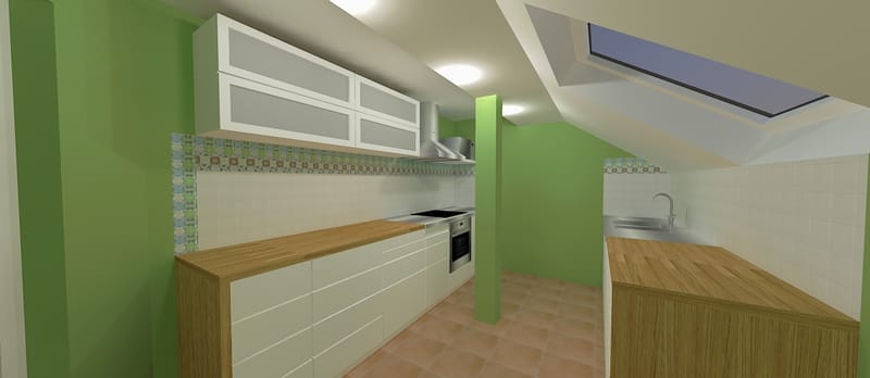 Randari la cerere pentru o bucatarie intr-o mansarda, variante pentru aplicarea faiantei decor.