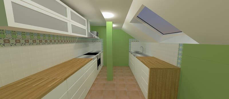 Randari la cerere pentru o bucatarie intr-o mansarda, variante pentru aplicarea faiantei decor.